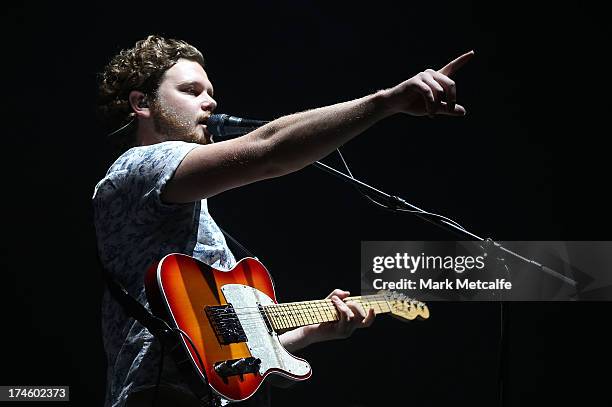 Joe Newman of Alt-J performs for fans on day 3 of the 2013 Splendour In The Grass Festival on July 28, 2013 in Byron Bay, Australia.
