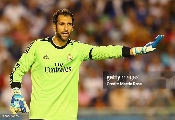 Diego Lopez, goalkeeper of Real Madrid gestures during the pre season friendly match between Real Madrid and Paris Saint-Germain at Ullevi on July...