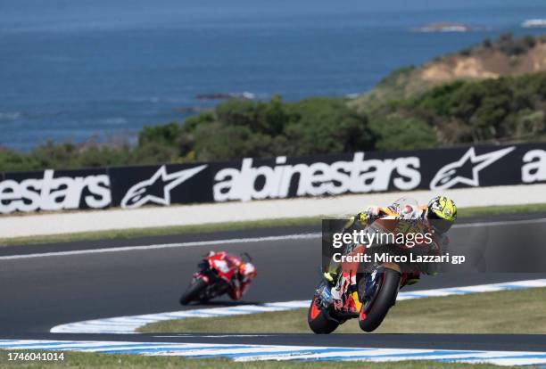 Joan Mir of Spain and Repsol Honda Team lifts the front wheel during the MotoGP of Australia - Free Practice at Phillip Island Grand Prix Circuit on...