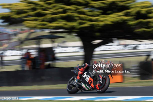 Maverick Vinales of Spain and Aprilia Racing heads down a straight during the MotoGP of Australia - Free Practice at Phillip Island Grand Prix...