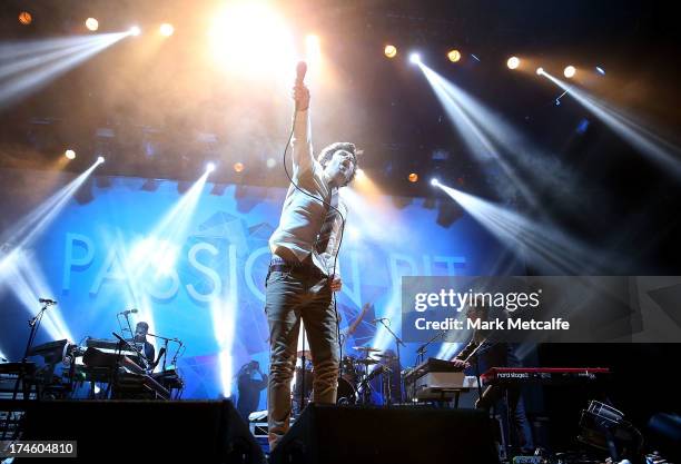 Michael Angelakos of Passion Pit performs for fans on day 3 of the 2013 Splendour In The Grass Festival on July 28, 2013 in Byron Bay, Australia.