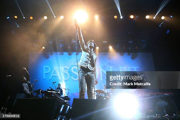 Michael Angelakos of Passion Pit performs for fans on day 3 of the 2013 Splendour In The Grass Festival on July 28, 2013 in Byron Bay, Australia.