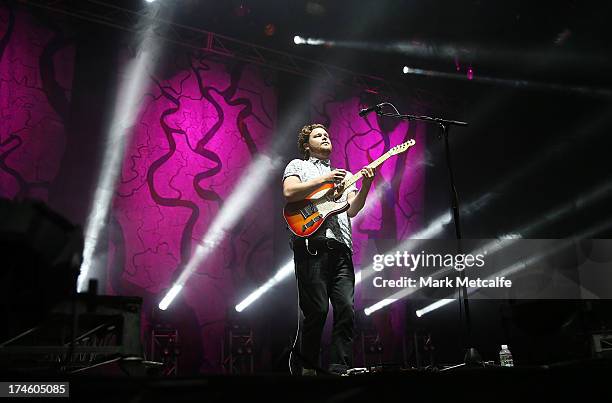 Michael Angelakos of Passion Pit performs for fans on day 3 of the 2013 Splendour In The Grass Festival on July 28, 2013 in Byron Bay, Australia.