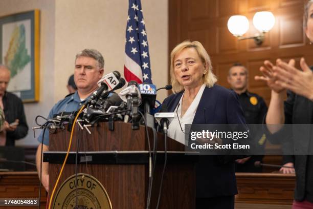 Maine Governor Janet Mills speaks during a press conference about the mass shooting on October 26, 2023 in Lewiston, Maine. Police are still...