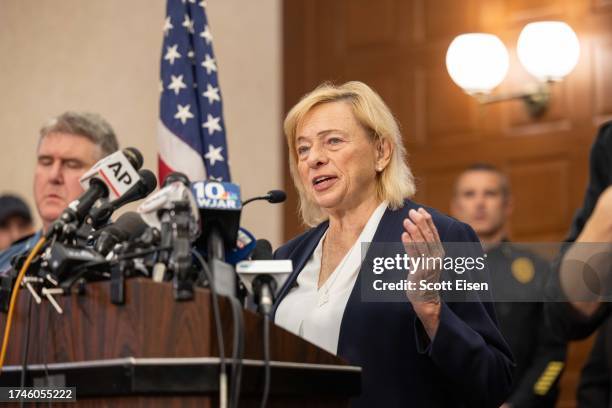 Maine Governor Janet Mills speaks during a press conference about the mass shooting on October 26, 2023 in Lewiston, Maine. Police are still...