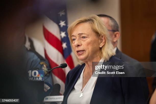 Maine Governor Janet Mills speaks during a press conference about the mass shooting on October 26, 2023 in Lewiston, Maine. Police are still...