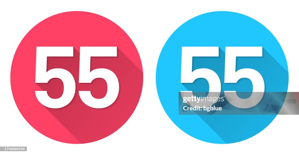 55 - Número Cincuenta y cinco. Icono redondo con sombra larga sobre fondo rojo o azul