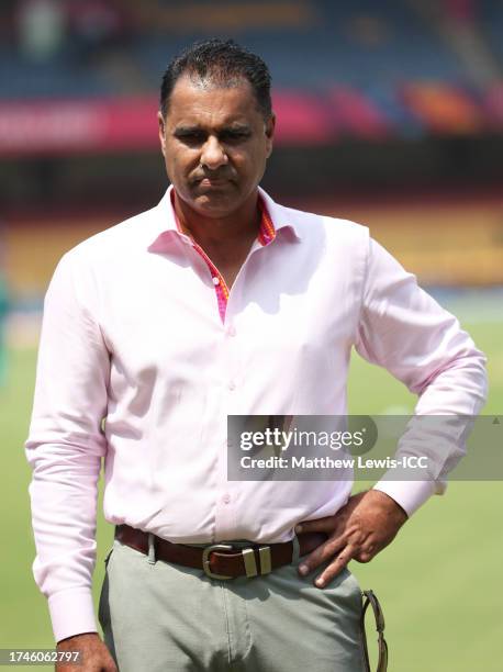 Waqar Younis looks on during the ICC Men's Cricket World Cup India 2023 between Australia and Pakistan at M. Chinnaswamy Stadium on October 20, 2023...