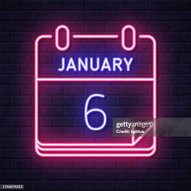 january 6. glowing neon icon on brick wall background - evening routine stock illustrations