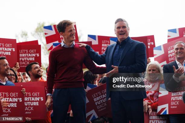 Labour Party leader Keir Starmer congratulates newly elected Labour MP for Mid Bedfordshire Alistair Strathern on October 20, 2023 in Marston...