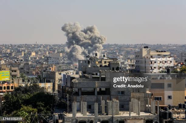 Smoke rises as Israeli airstrikes continue on the 20th day in Rafah, Gaza on October 26, 2023.