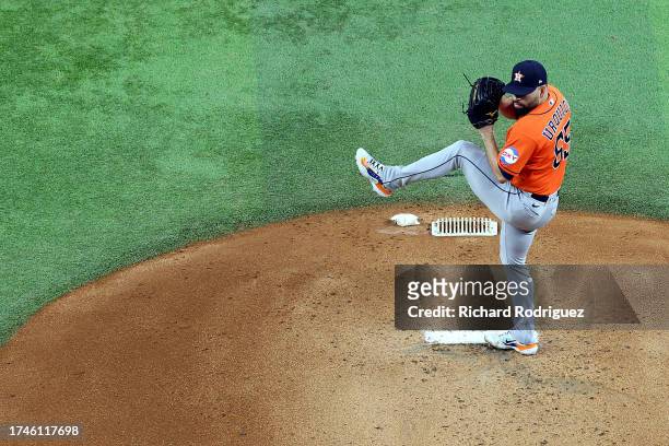 Jose Urquidy of the Houston Astros pitches against the Texas Rangers in the first inning during Game Four of the Championship Series at Globe Life...