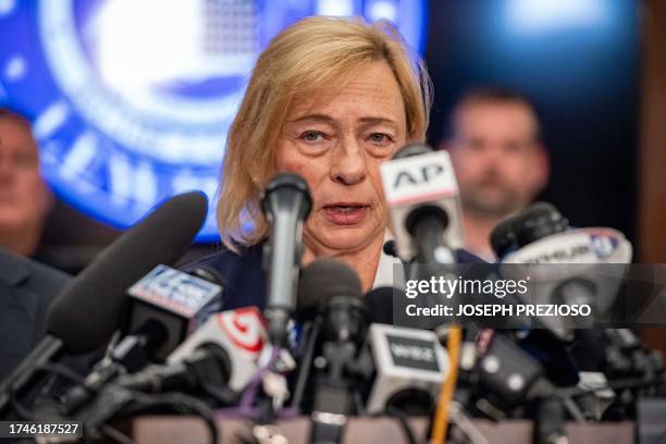 Maine Governor Janet Mills speaks at a press conference at city hall in Lewiston, Maine, on October 26, 2023. Police in the US state of Maine waged a...
