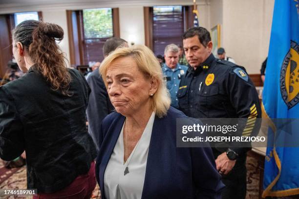 Maine Governor Janet Mills leaves after holding a press conference at city hall in Lewiston, Maine, on October 26, 2023. Police in the US state of...