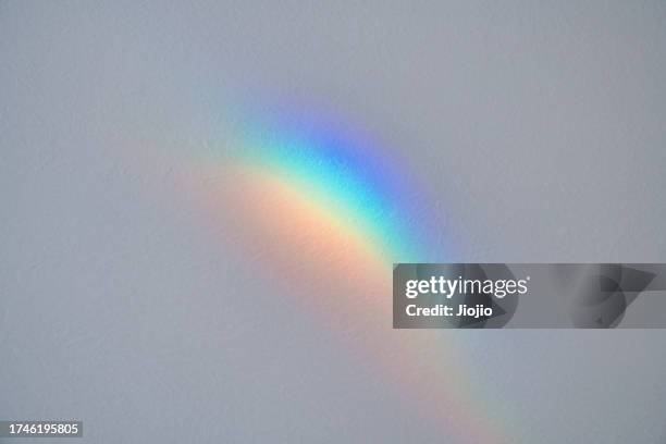 rainbow light refraction texture effect on white wall - プリズム　レンズ ストックフォトと画像