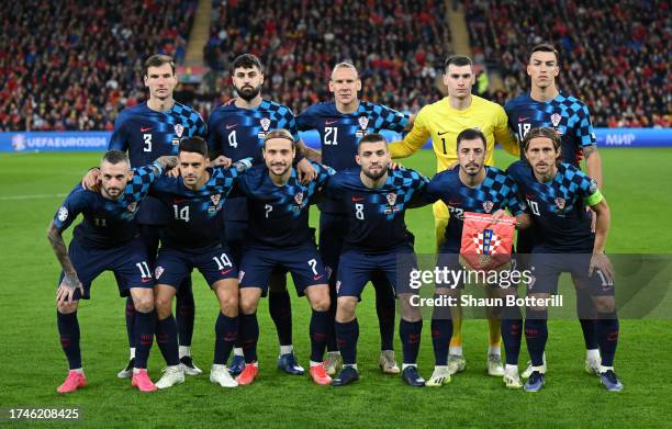 Croatia pose for a team photograph before the UEFA EURO 2024 European qualifier match between Wales and Croatia at Cardiff City Stadium on October...