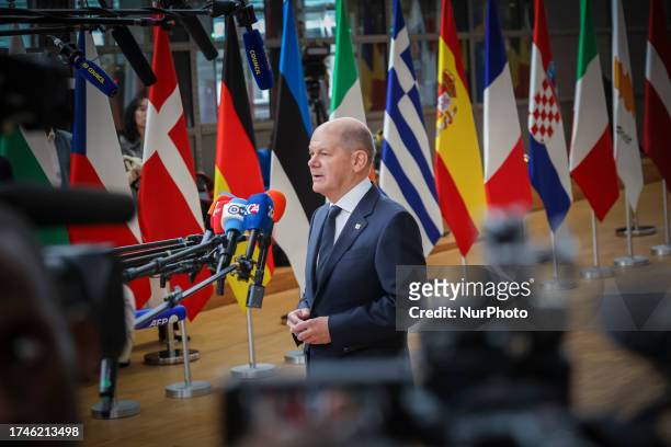 Federal Chancellor of Germany Olaf Scholz arrives at the European Council, the EU leaders meeting at the headquarters of the European Union. The...