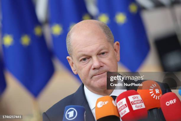 Federal Chancellor of Germany Olaf Scholz arrives at the European Council, the EU leaders meeting at the headquarters of the European Union. The...