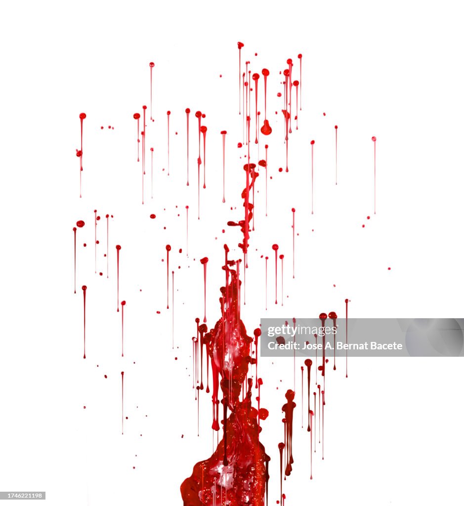Splashes and drops of blood slide down a white wall.