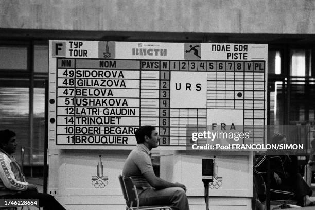 Le tableau des scores de la finale de l'épreuve féminine de fleuret par équipes entre la France et l'URSS aux Jeux Olympiques d'été de Moscou, le 27...