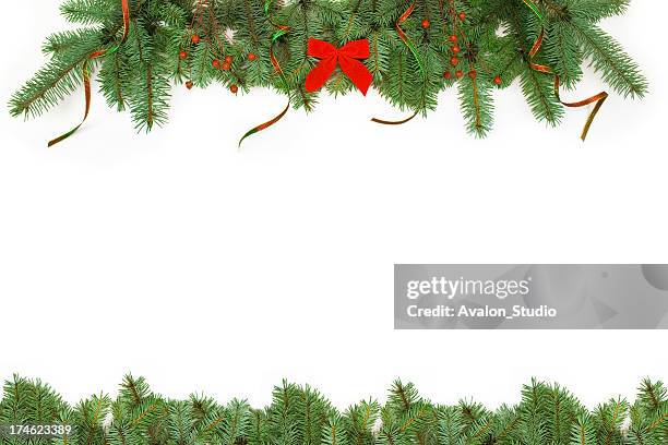 christmas frame and ribbon on a white background - spruce tree white background stock pictures, royalty-free photos & images