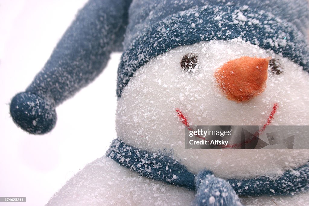 A snowman with a blue hat and scarf