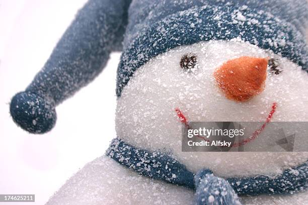 a snowman with a blue hat and scarf - snowman isolated stock pictures, royalty-free photos & images