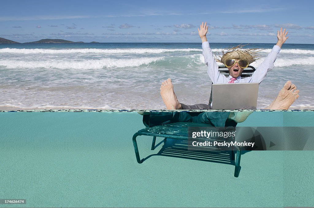 Tourist Businessman Celebrating in Suit with Laptop on Tropical Beach