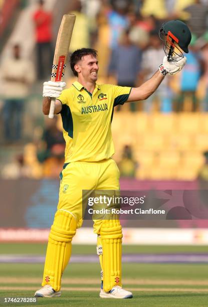 Mitch Marsh of Australia celebrates their century during the ICC Men's Cricket World Cup India 2023 between Australia and Pakistan at M. Chinnaswamy...