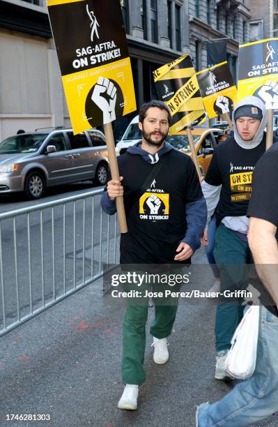 Dylan O'Brien is seen at the SAG-AFTRA picket line on October 26, 2023 in New York City.