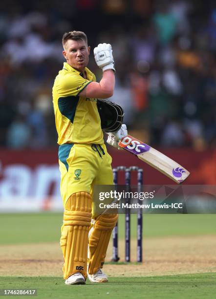 David Warner of Australia celebrates their century during the ICC Men's Cricket World Cup India 2023 between Australia and Pakistan at M. Chinnaswamy...