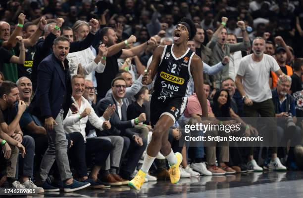 Zach Leday, #2 of Partizan Mozzart Bet Belgrade reacts during the Turkish Airlines EuroLeague Regular Season Round 5 match between Partizan Mozzart...