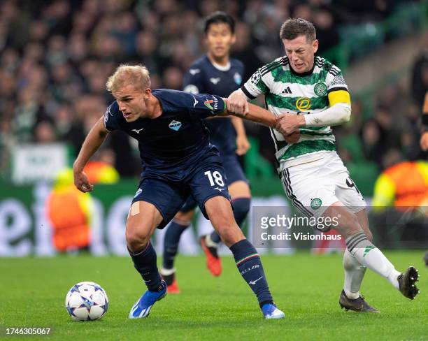 Gustav Isaksen of SS Lazio and Callum McGregor of Glasgow Celtic FC in action during the UEFA Champions League match between Glasgow Celtic FC and SS...