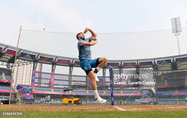 Chris Woakes of England bowls during a net session at Wankhede Stadium on October 20, 2023 in Mumbai, India.