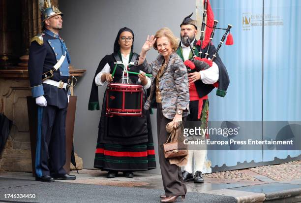 Queen Sofia on her arrival at the Hotel de La Reconquista, on October 20 in Oviedo, Spain.