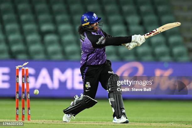 Tabatha Saville of the Hurricanes is bowled by Stella Campbell of the Scorchers during the WBBL match between Hobart Hurricanes and Perth Scorchers...