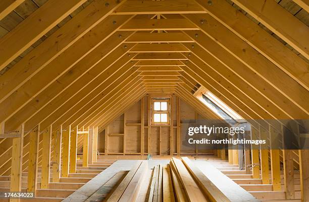 view of a-frame attic in a newly-built home - roof beam stock pictures, royalty-free photos & images