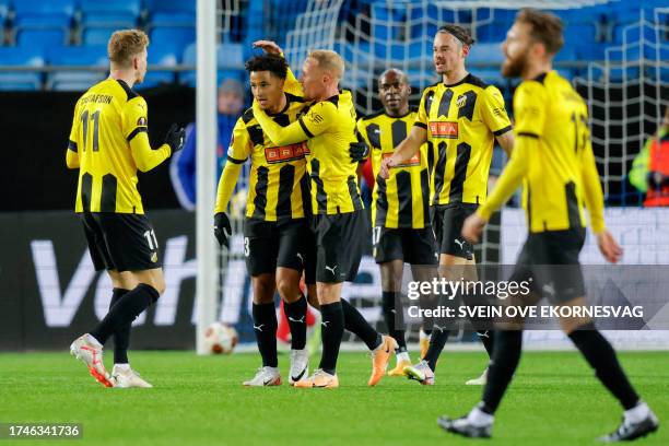 Hacken's players celebrate after BK Hacken's Swedish midfielder Momodou Lamin Sonko scored the 1-1 goal during the UEFA Europa League Group H...