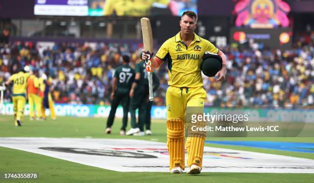David Warner of Australia makes their way off after being dismissed for 163 during the ICC Men's Cricket World Cup India 2023 between Australia and...