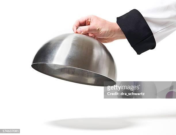 chef opening cloche lid - lid stock pictures, royalty-free photos & images