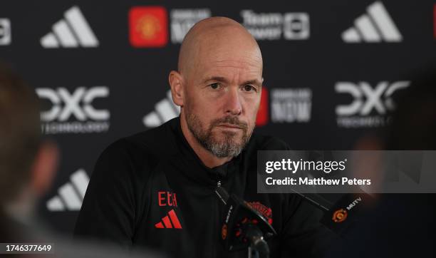 Manager Erik ten Hag of Manchester United speaks during a press conference at Carrington Training Ground on October 20, 2023 in Manchester, England.
