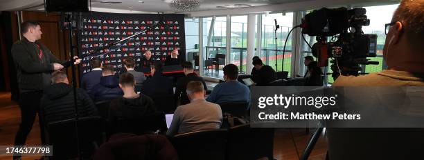 Manager Erik ten Hag of Manchester United speaks during a press conference at Carrington Training Ground on October 20, 2023 in Manchester, England.