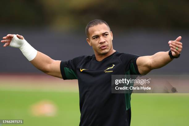 Cheslin Kolbe of South Africa during the Captain's Run ahead of their Rugby World Cup France 2023 match against England at Stade de France on October...