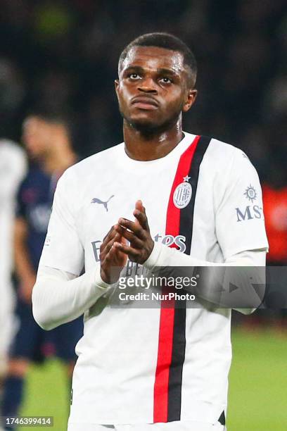 Pierre Kalulu of AC Milan greeting the supporters after the Champions League match between Paris Saint-Germain and AC Milan at Parc des Princes, in...