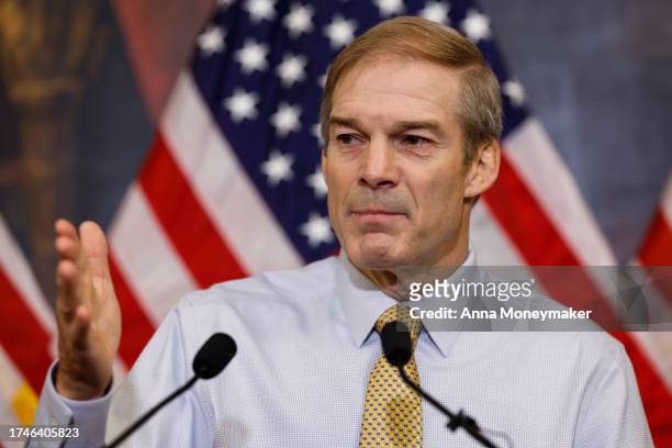 Rep. Jim Jordan , the Republican Speaker designee, speaks during a press conference at the U.S. Capitol on October 20, 2023 in Washington, DC. The...