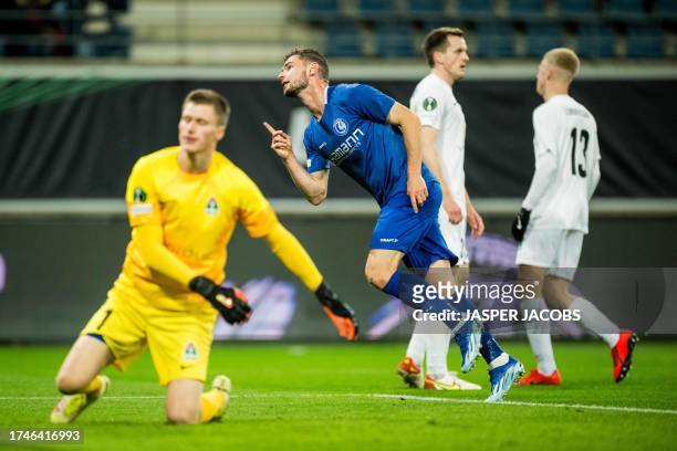 Gent's Belgian forward Hugo Cuypers celebrates after scoring during the Europa Conference League Group B football match between KAA Gent and Icelands...