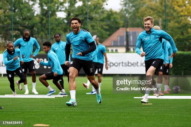 Che Adams and Stuart Armstrong during a Southampton FC training session, at the Staplewood Campus on October 20, 2023 in Southampton, England.
