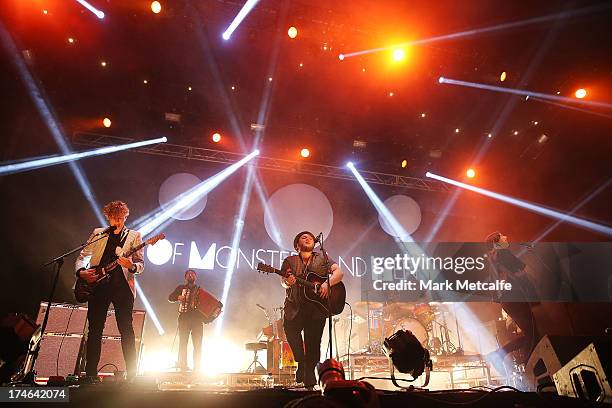 Brynjar Leifsson, Ragnar Thorhallsson and Nanna Bryndis Hilmarsdottir of the band Of Monsters and Men perform for fans on day 3 of the 2013 Splendour...