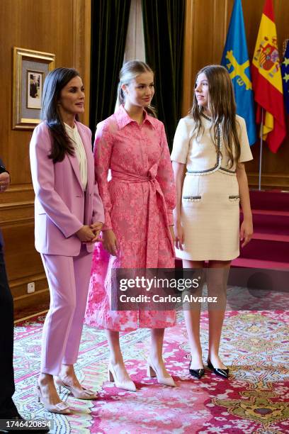 Queen Letizia of Spain, Crown Princess Leonor of Spain and Princess Sofia of Spain attend several audiences at the Reconquista Hotel during the...