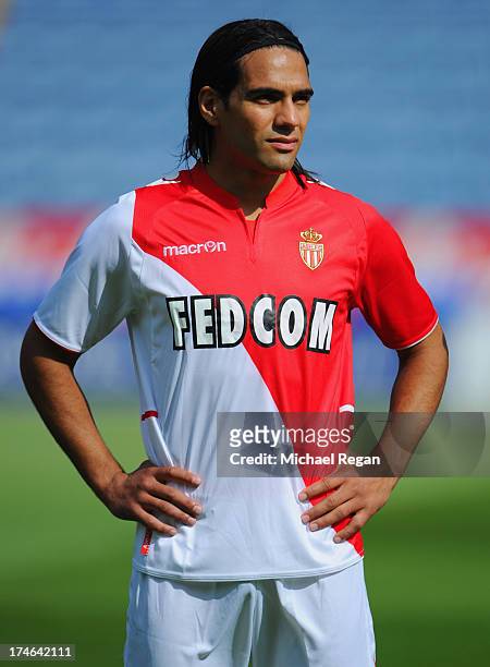 Radamel Falcao of Monaco looks on during the the pre season friendly match between Leicester City and Monaco at The King Power Stadium on July 27,...
